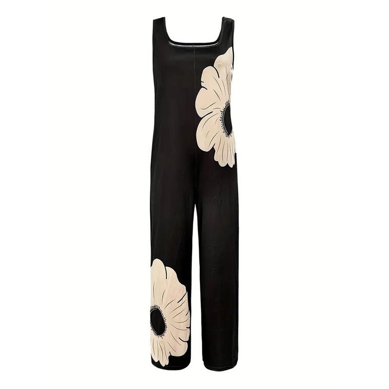 Women's floral sleeveless jumpsuit with square neckline, casual fit, by FitiqueFit, featuring a vibrant floral pattern.
