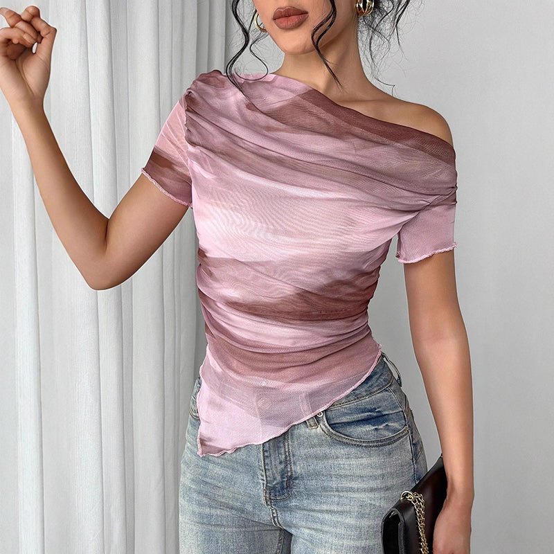 Women’s Tie - Dye One - Shoulder Mesh Ruched Top – Asymmetrical Stretch Tee for Going Out - Plush Fashion Hub