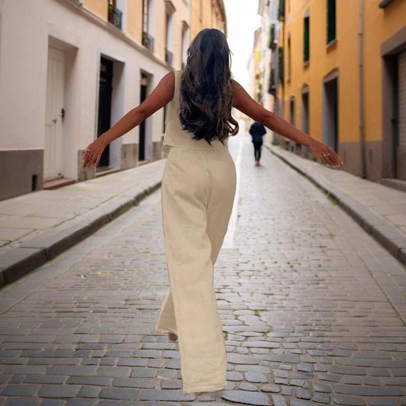 Women’s V-neck button-front vest and high-waist pants casualwear set by FitiqueFit, featuring a stylish vest and matching trousers.